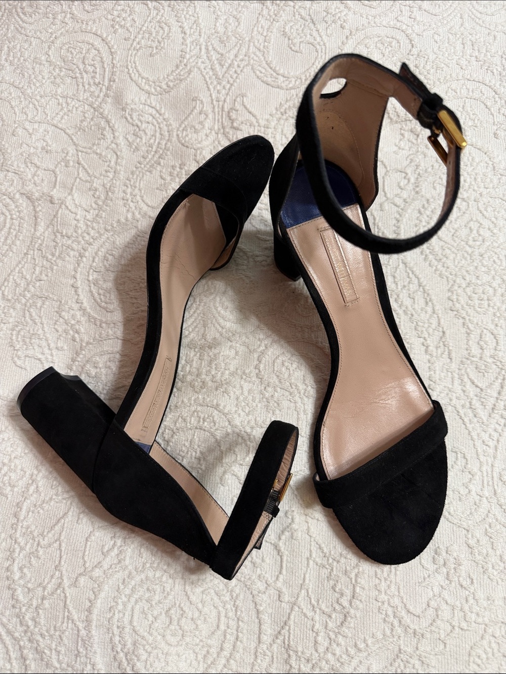 Stuart Weitzman Black Suede Heel Sandals Size 10.5 Ankle-Strap